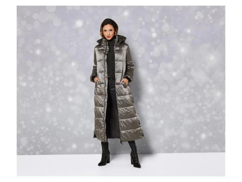 Manteau matelassé long pour femme, fentes latérales avec boutons-pression. - Image 4